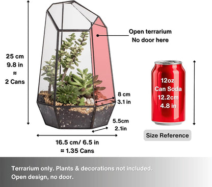Stylish No-Door Geometric Glass Terrarium Planter for Succulents & Cacti - Irregular Black Open Design, Perfect Indoor Tabletop Decor (6.5" x 5.7" x 9.8") - No Plants Included