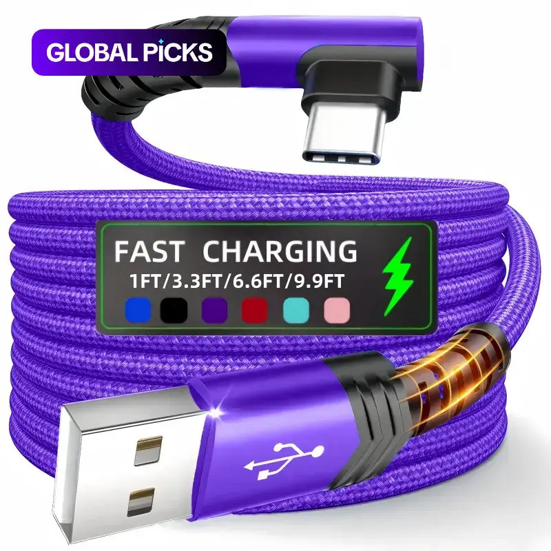 USB-C Cable 90 Degrees, USB a to USB-C Right Angle Design Nylon Braided Durable Fast Charging Cable for Iphone 16 Pro Max, Ipad Air 6, Huawei, Oppo and Xiaomi #GLOBAL PICKS