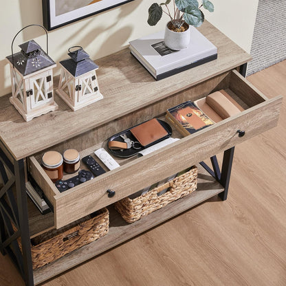 Stylish Gray Console Table with Drawer & 3-Tier Storage - Perfect for Narrow Hallways & Small Spaces!
