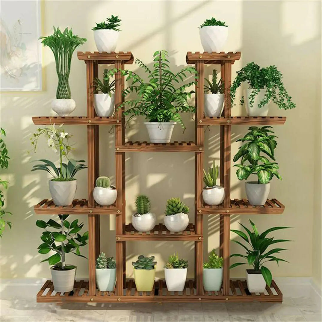 UNHO 46-Inch Multi-Tier Wooden Plant Stand - Stylish Flower Rack with 16 Shelves for Indoor & Outdoor Display