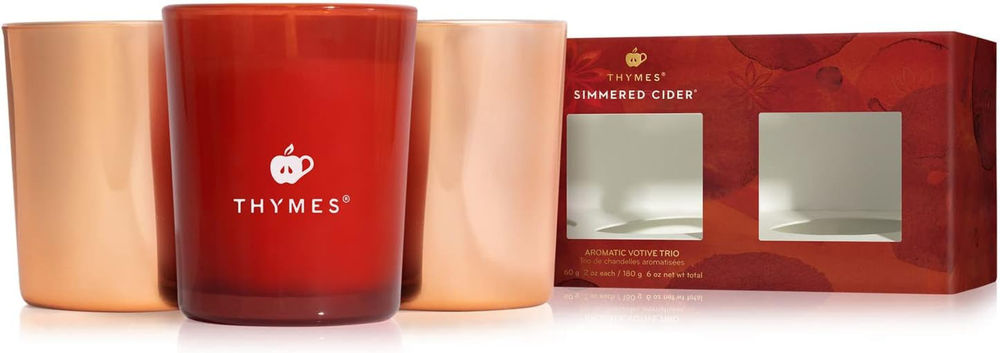 Indulge in Luxury with Thymes Aromatic Votive Trio – Set of 3 Scented Candles in Simmered Cider, Infused with Freshly Pressed Apple, Clove & Cardamom – Elegant Red & Rose Gold Design