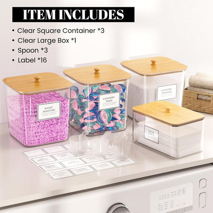 Stylish Laundry Pods Storage Container Set - Clear Organization with Wooden Lids & Labels, 3+1 Pack