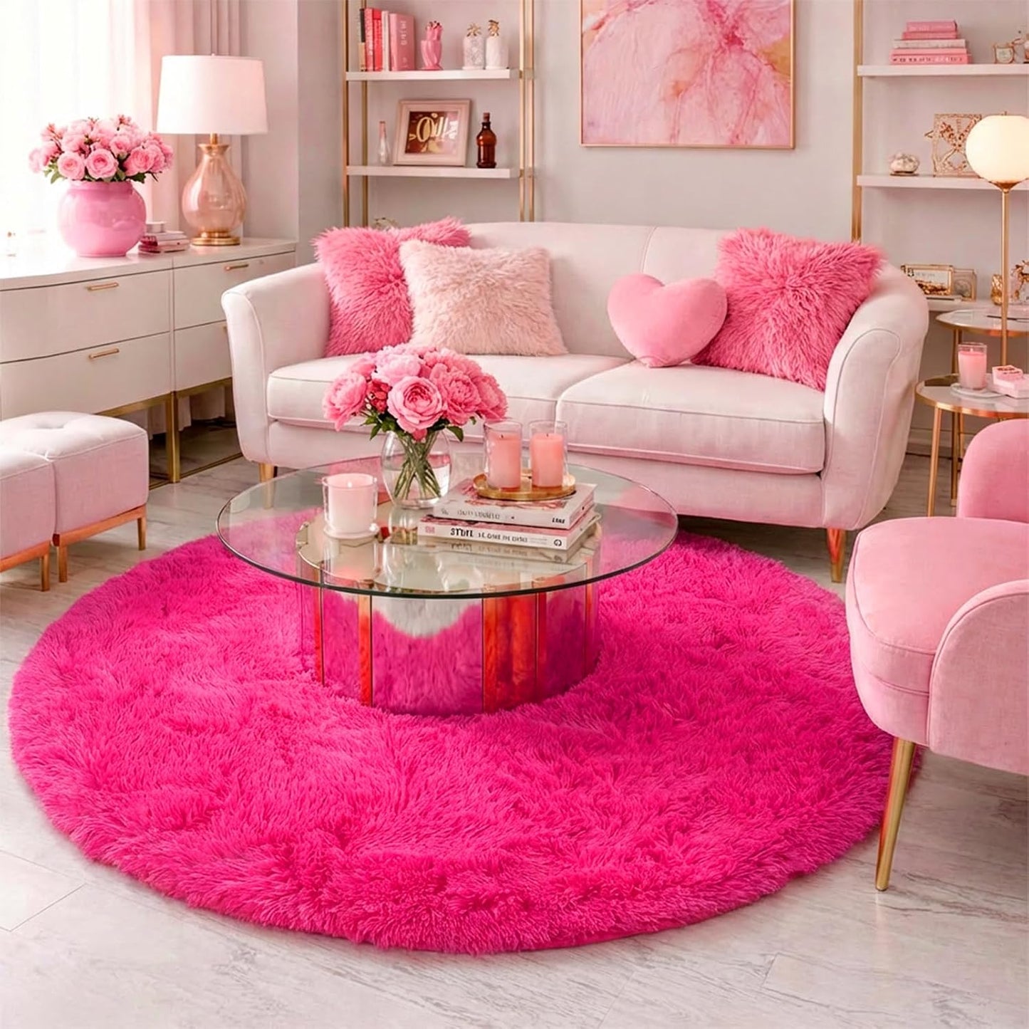 Hot Pink Fluffy Round Rug - 4Ft Cozy Plush Carpet for Girls' Bedrooms, Nurseries, and Playrooms | Perfect for Dorms and Classrooms | Cute Cutecore Aesthetic in Fuchsia Magenta