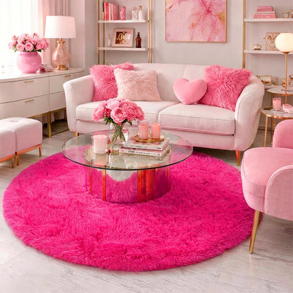 Hot Pink Fluffy Round Rug - 4Ft Cozy Plush Carpet for Girls' Bedrooms, Nurseries, and Playrooms | Perfect for Dorms and Classrooms | Cute Cutecore Aesthetic in Fuchsia Magenta