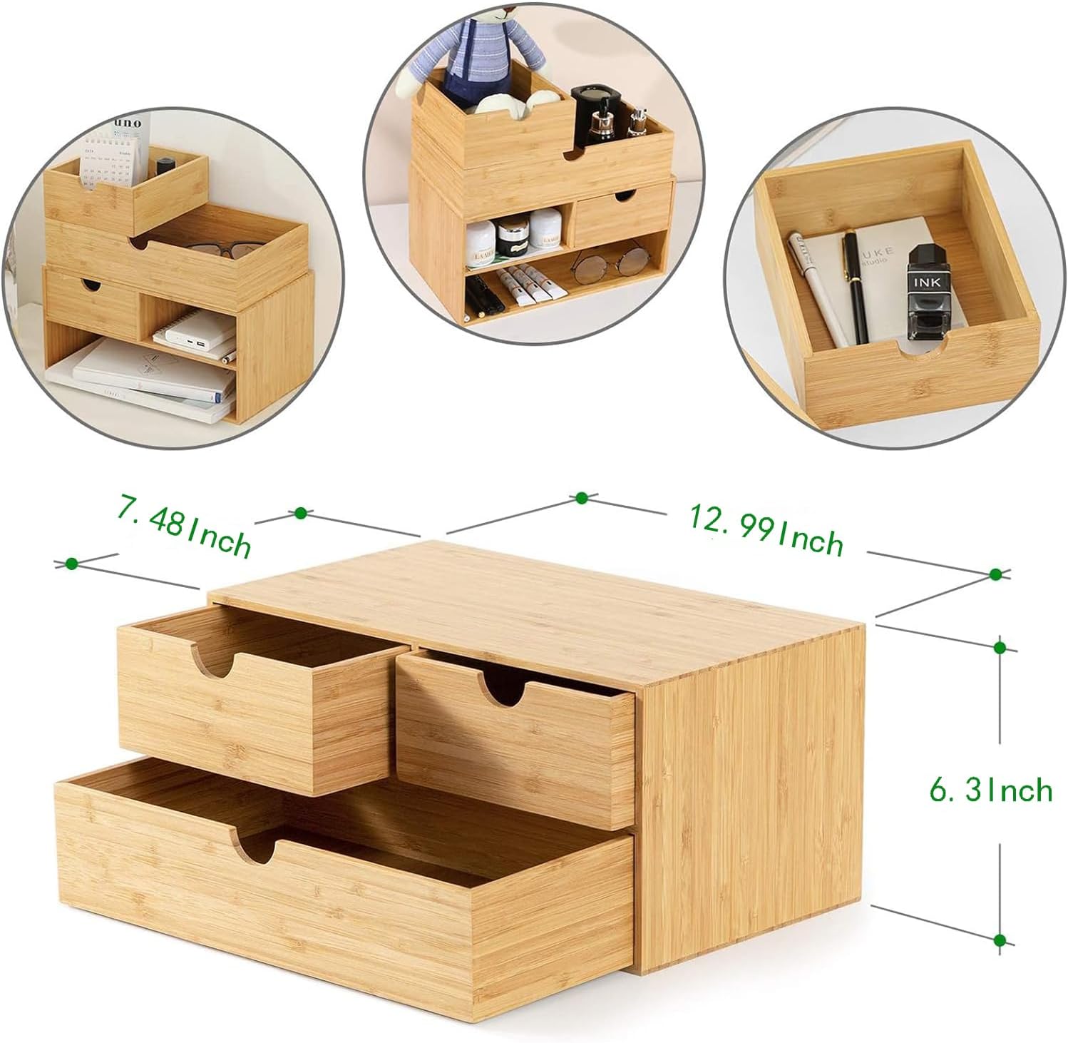 Elegant Bamboo Desk Organizer with 3 Drawers - Perfect for Office, Vanity & Bath Storage