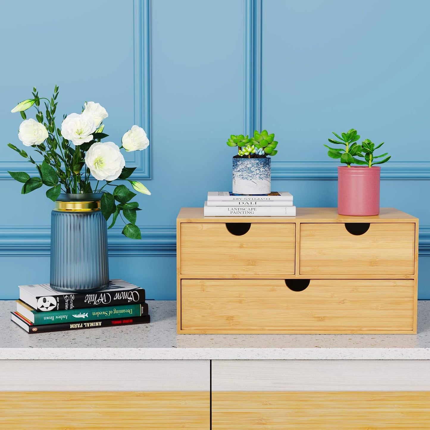 Elegant Bamboo Desk Organizer with 3 Drawers - Perfect for Office, Vanity & Bath Storage