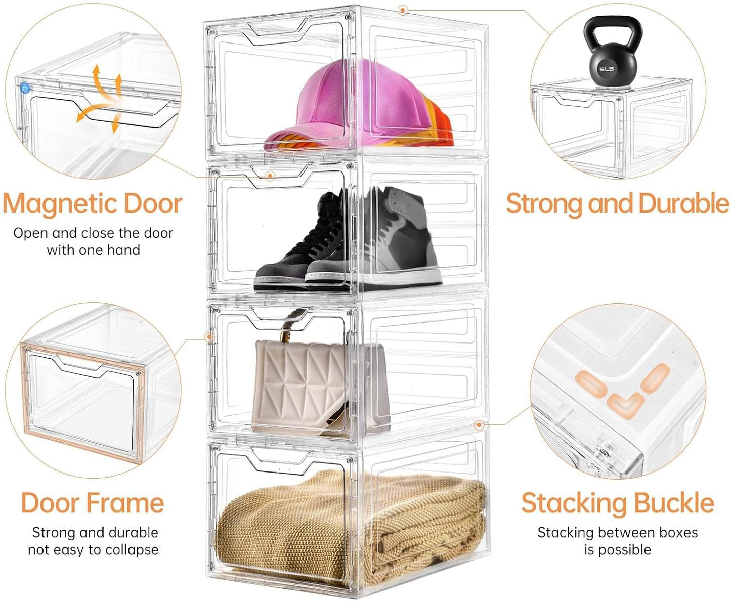 6 Pack Stackable Clear Storage Bins with Lids - 19 Qt Closet Organizers with Magnetic Doors for Clothes, Purses, and Crafts
