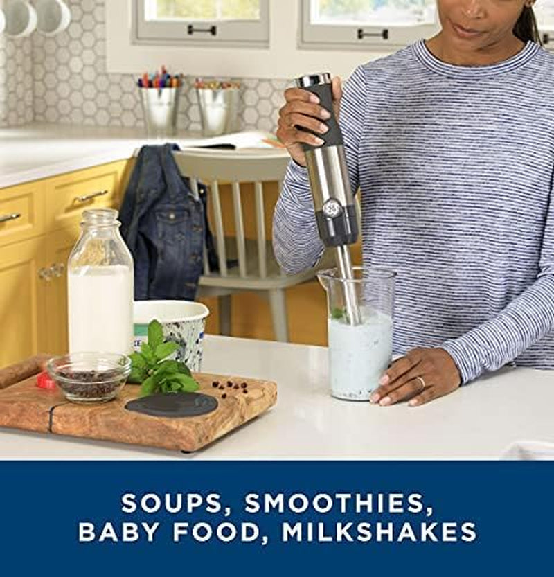 GE Immersion Blender - Versatile Handheld Blender for Smoothies, Shakes & Baby Food with Whisk & Blending Jar, 2-Speed, 500 Watts, Easy Clean Stainless Steel Design