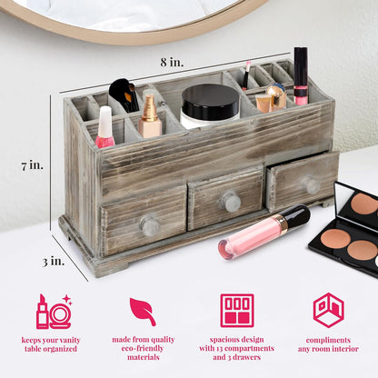 Chic Rustic Vanity Organizer - Wooden Farmhouse Storage Box with 3 Drawers for Makeup & Bathroom Accessories