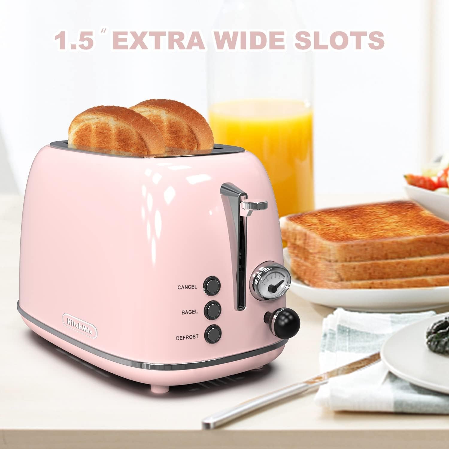 Chic Baby Pink Retro 2-Slice Toaster - 6 Settings, Extra Wide Slots, Bagel/Defrost/Cancel Functions, Removable Crumb Tray