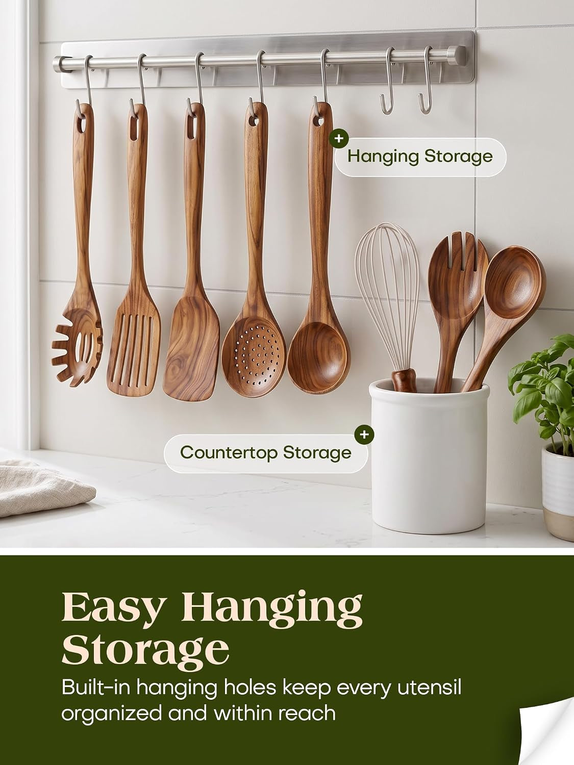 Premium 10-Piece Teak Wood Kitchen Utensil Set - Heat-Resistant, Nonstick Cooking Tools Including Spoons, Spatula, Ladle, Tongs, and Egg Whisk