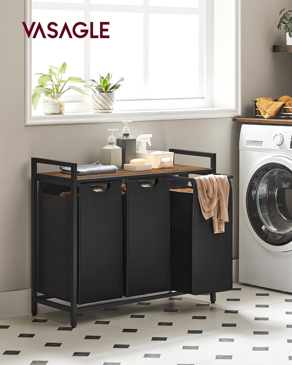 Stylish VASAGLE Laundry Hamper with 3 Removable Bags, Metal Frame & Shelf - 40L Capacity, Ink Black & Rustic Brown