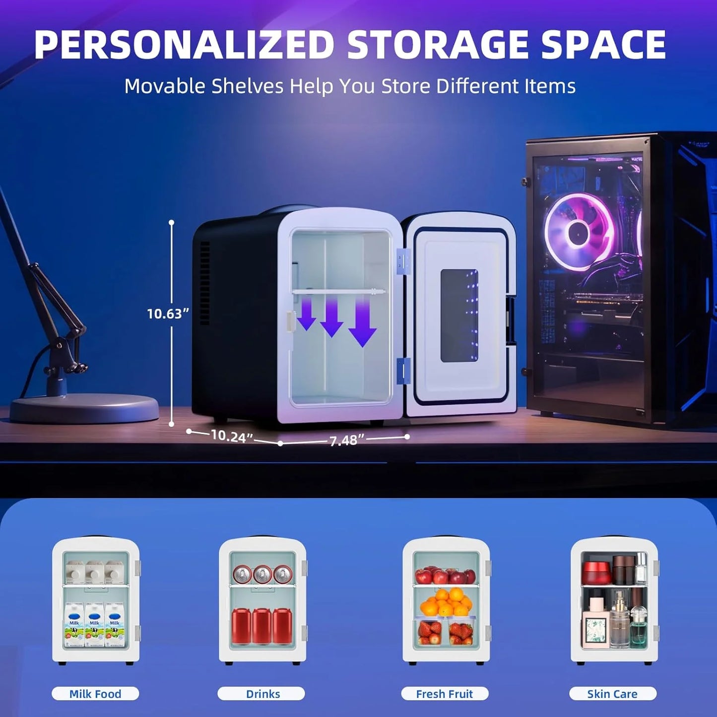 Chill in Style: Compact Mini Refrigerator with LED Gaming Light - 4L Capacity for Beverages, Snacks, and Cosmetics Perfect for Any Space!