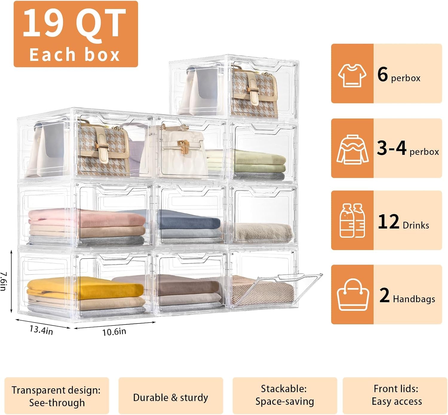 6 Pack Stackable Clear Storage Bins with Lids - 19 Qt Closet Organizers with Magnetic Doors for Clothes, Purses, and Crafts
