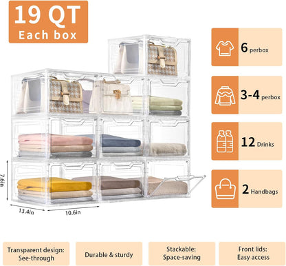 6 Pack Stackable Clear Storage Bins with Lids - 19 Qt Closet Organizers with Magnetic Doors for Clothes, Purses, and Crafts