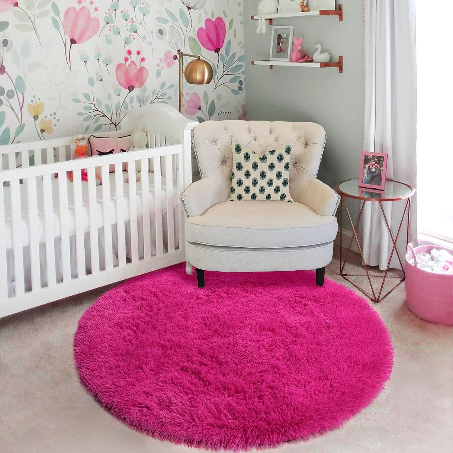 Hot Pink Fluffy Round Rug - 4Ft Cozy Plush Carpet for Girls' Bedrooms, Nurseries, and Playrooms | Perfect for Dorms and Classrooms | Cute Cutecore Aesthetic in Fuchsia Magenta