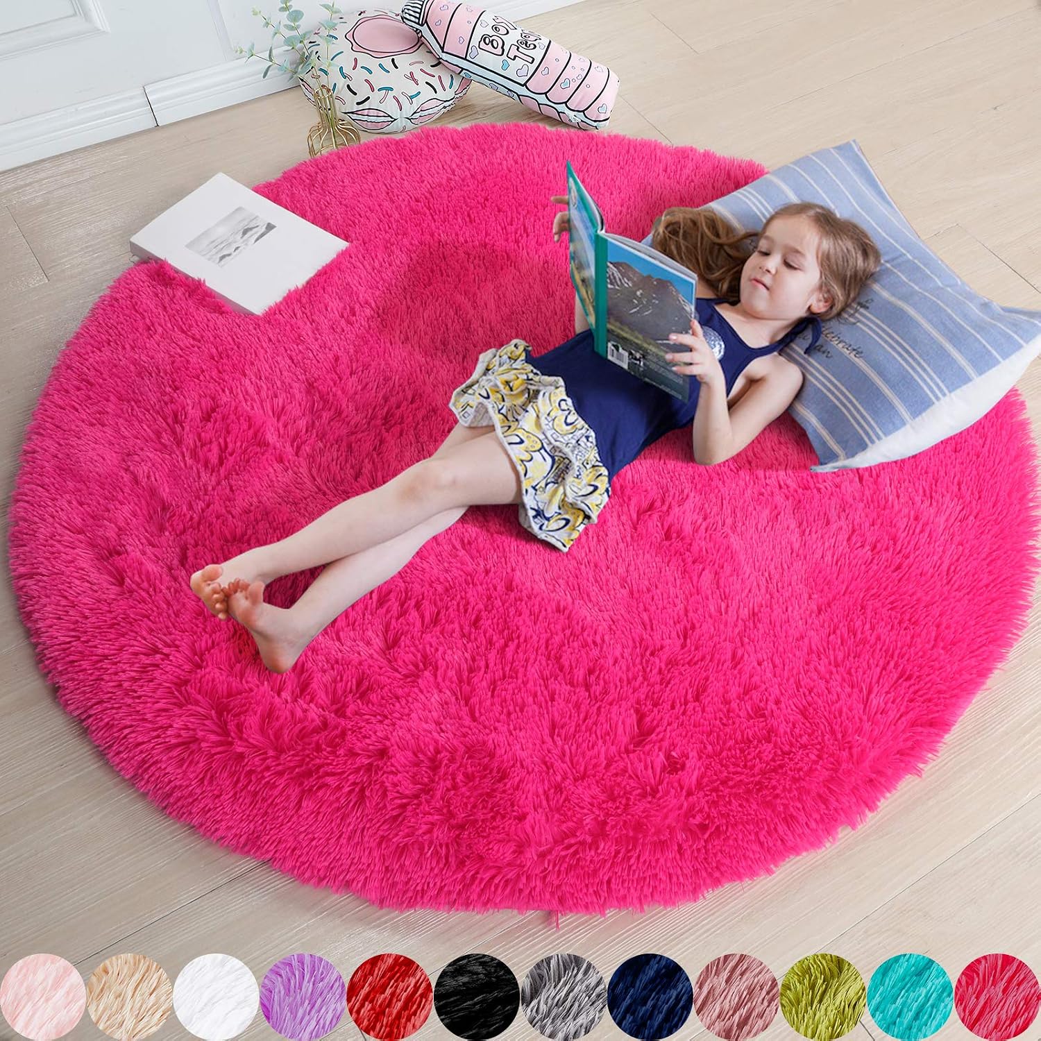 Hot Pink Fluffy Round Rug - 4Ft Cozy Plush Carpet for Girls' Bedrooms, Nurseries, and Playrooms | Perfect for Dorms and Classrooms | Cute Cutecore Aesthetic in Fuchsia Magenta