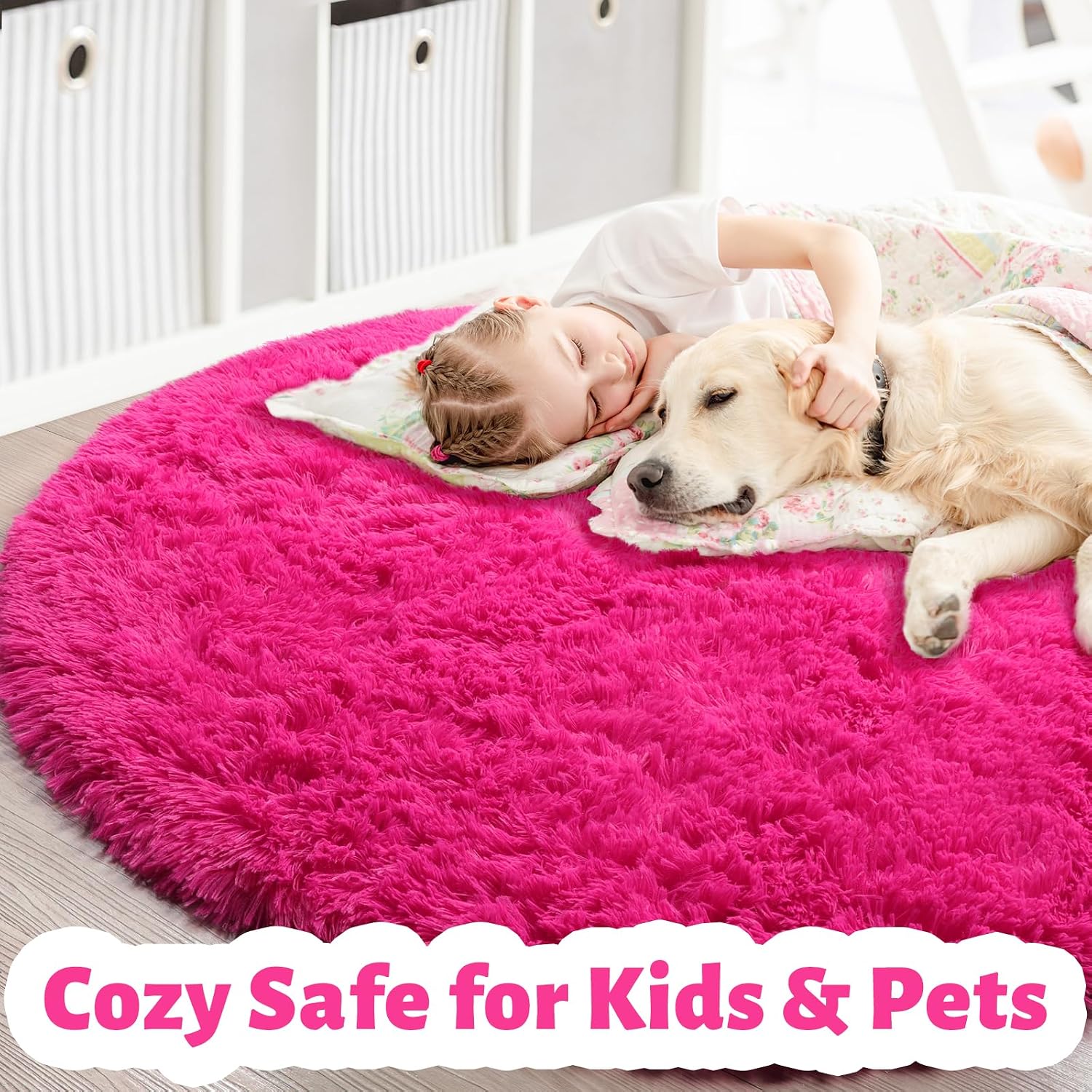 Hot Pink Fluffy Round Rug - 4Ft Cozy Plush Carpet for Girls' Bedrooms, Nurseries, and Playrooms | Perfect for Dorms and Classrooms | Cute Cutecore Aesthetic in Fuchsia Magenta