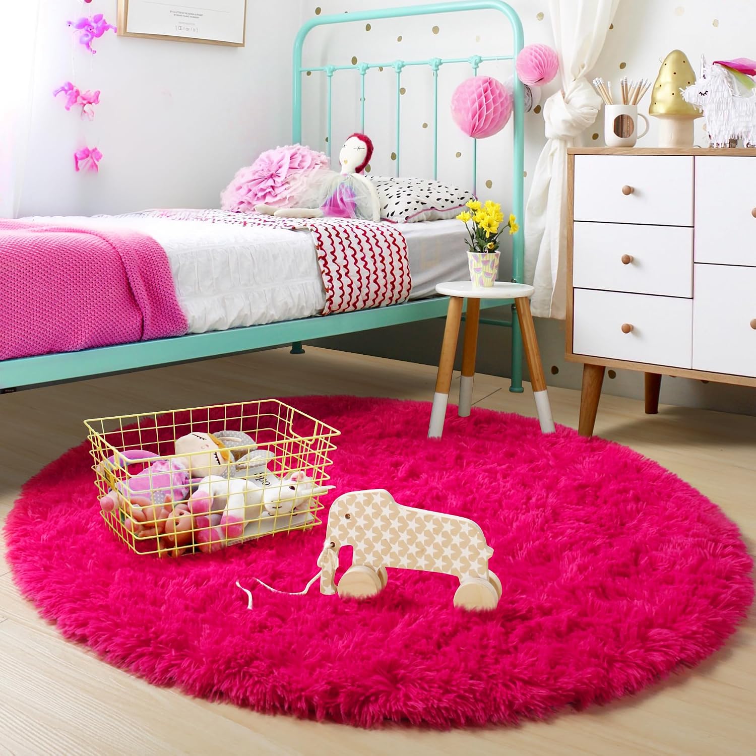 Hot Pink Fluffy Round Rug - 4Ft Cozy Plush Carpet for Girls' Bedrooms, Nurseries, and Playrooms | Perfect for Dorms and Classrooms | Cute Cutecore Aesthetic in Fuchsia Magenta