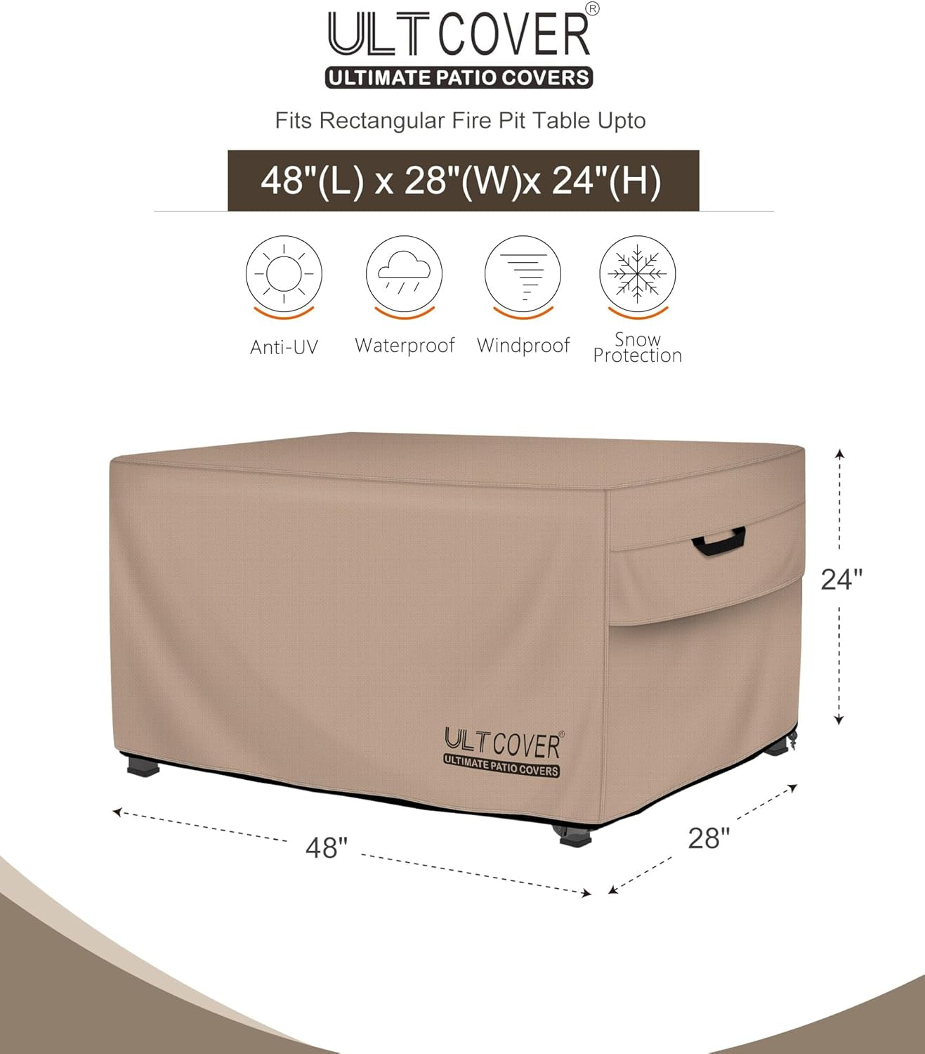 Premium Waterproof Heavy Duty Rectangular Gas Fire Pit Table Cover - 48x28 Inch Protection
