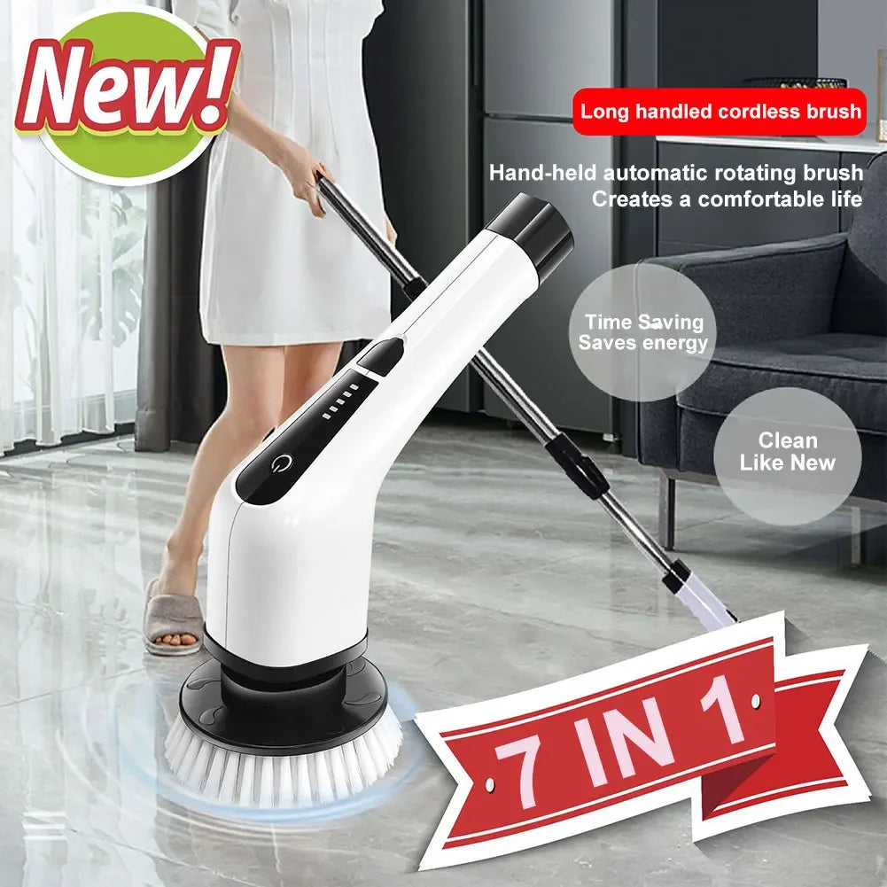7-in-1 Cordless Power Scrubber - Versatile Electric Spin Cleaner with 8 Rotatable Brush Heads for Effortless Bathroom, Tub, and Tile Cleaning