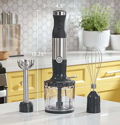 GE Immersion Blender - Versatile Handheld Blender for Smoothies, Shakes & Baby Food with Whisk & Blending Jar, 2-Speed, 500 Watts, Easy Clean Stainless Steel Design
