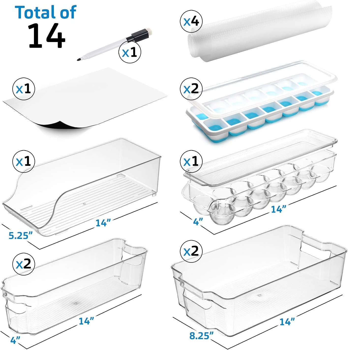14-Piece Stackable Clear Fridge Organizer Bins - Acrylic Refrigerator and Freezer Storage Solution