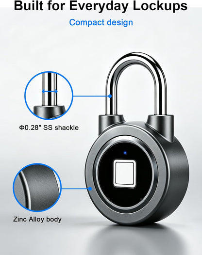 Biometric Fingerprint Lock - Bluetooth Smart Padlock for Gym, School, and More - Rechargeable & Waterproof (Grey)