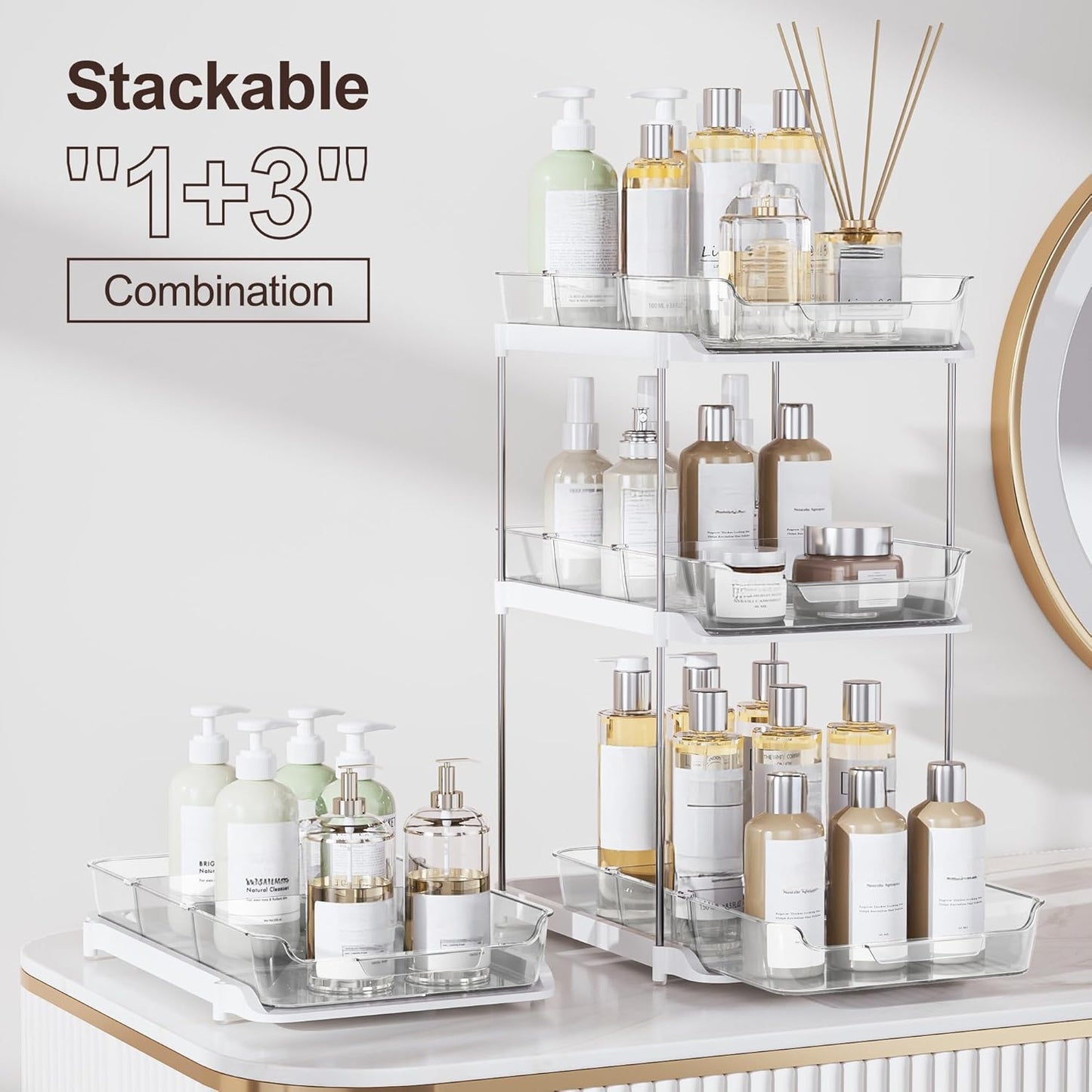 Maximize Your Space with 2-Pack 2-Tier Multi-Purpose Under Sink Organizers - Stackable Kitchen & Bathroom Storage with Pull-Out Design and Adjustable Dividers, White