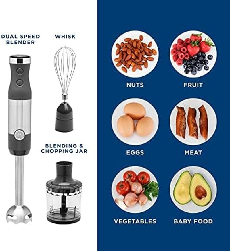 GE Immersion Blender - Versatile Handheld Blender for Smoothies, Shakes & Baby Food with Whisk & Blending Jar, 2-Speed, 500 Watts, Easy Clean Stainless Steel Design