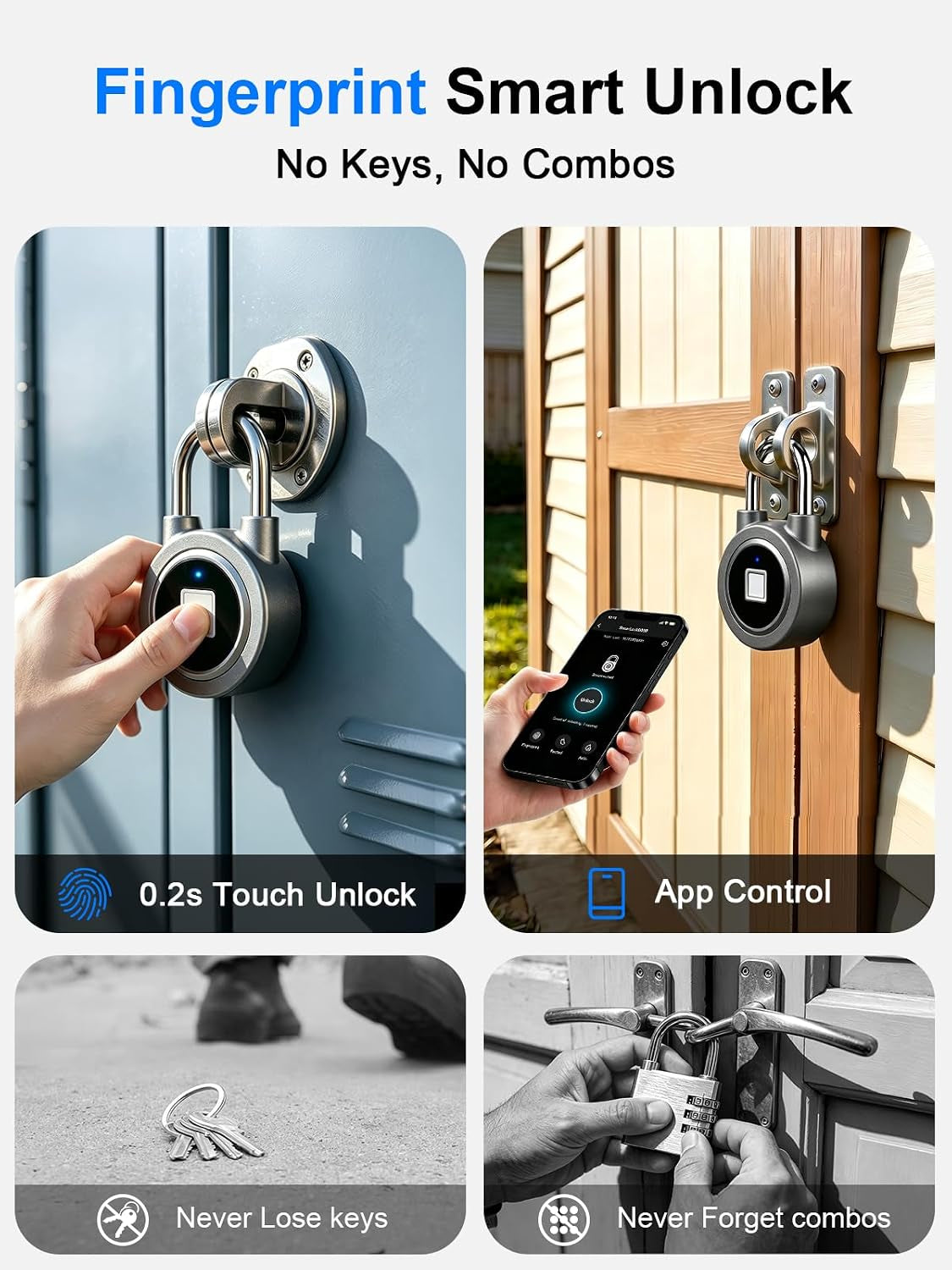 Biometric Fingerprint Lock - Bluetooth Smart Padlock for Gym, School, and More - Rechargeable & Waterproof (Grey)
