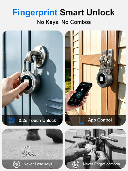 Biometric Fingerprint Lock - Bluetooth Smart Padlock for Gym, School, and More - Rechargeable & Waterproof (Grey)