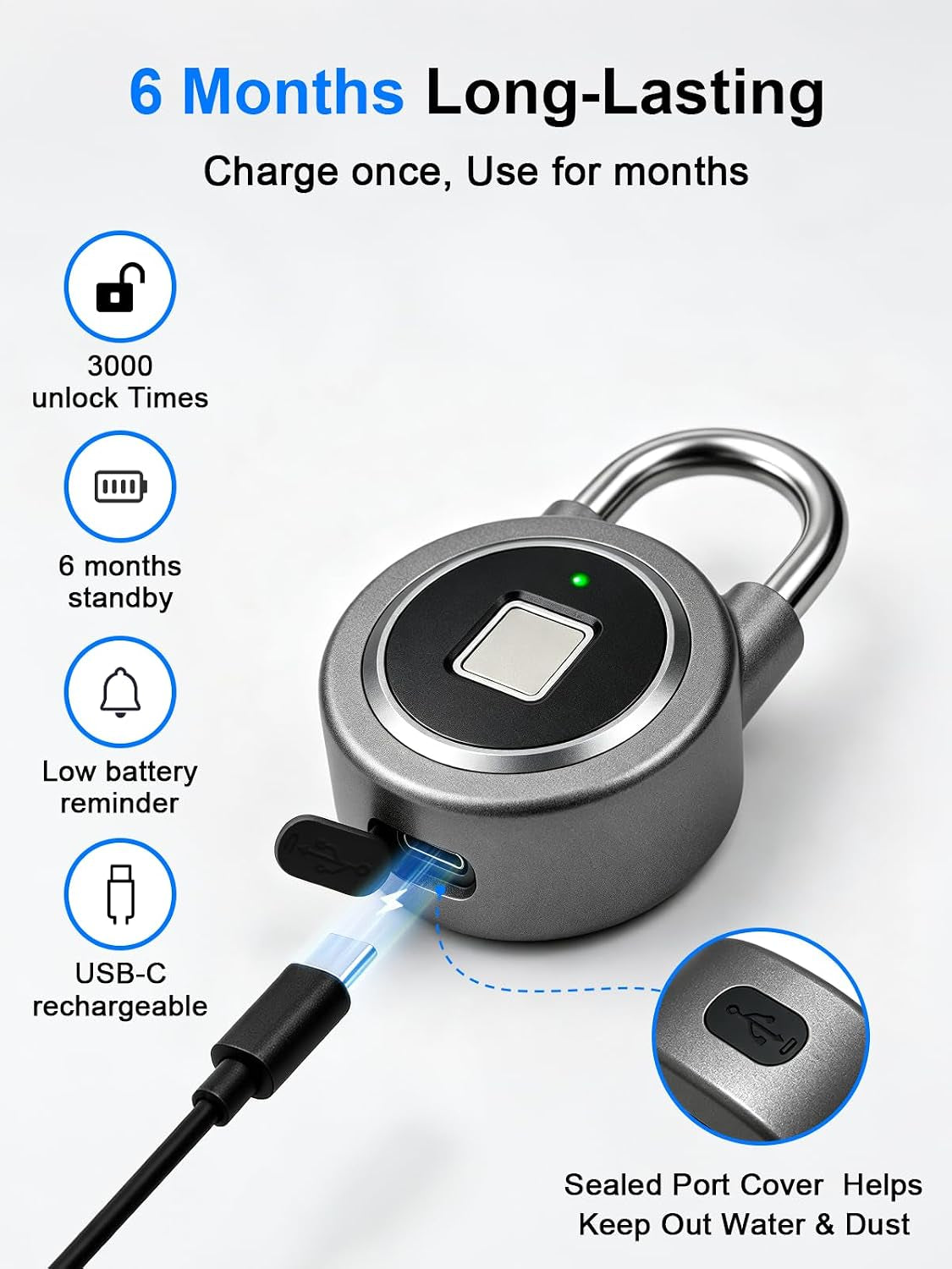 Biometric Fingerprint Lock - Bluetooth Smart Padlock for Gym, School, and More - Rechargeable & Waterproof (Grey)