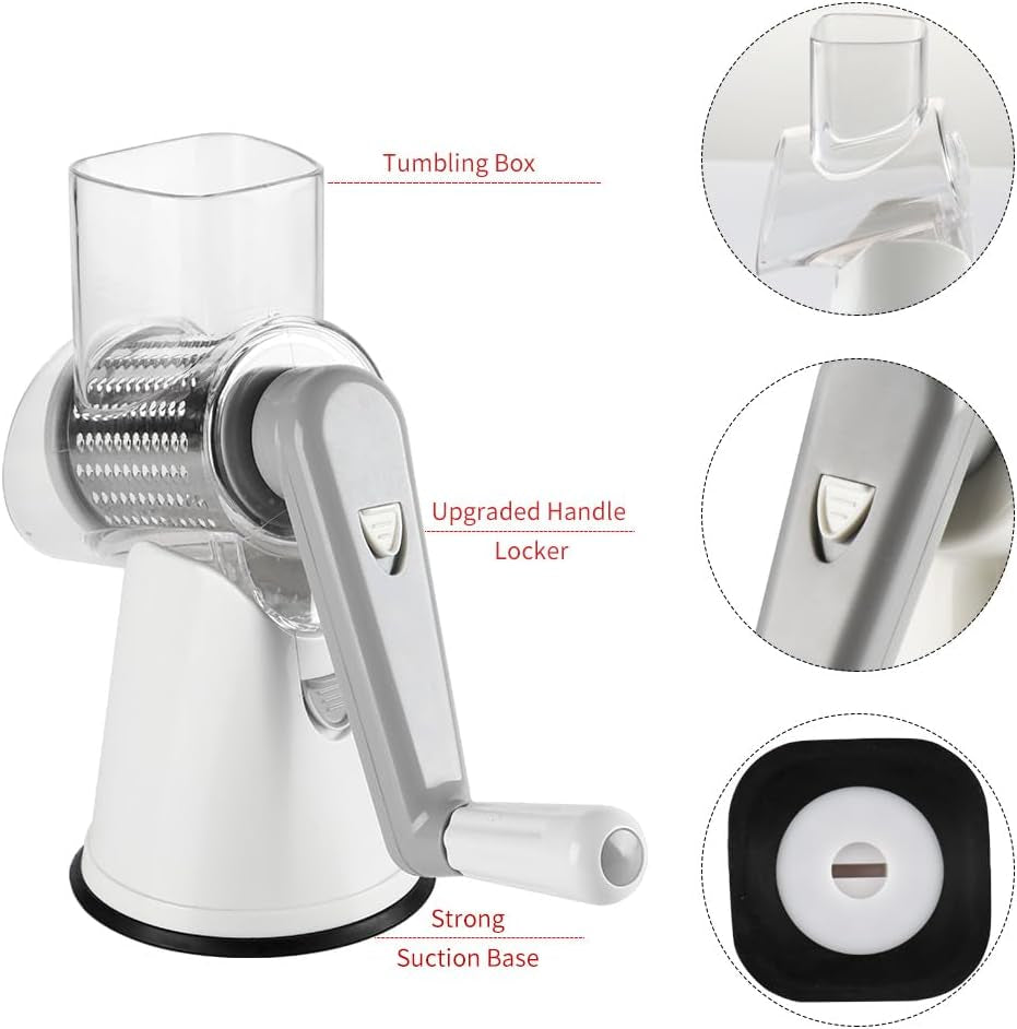 Premium Rotary Cheese Grater - Hand Crank Shredder with Non-Slip Suction Base & 3 Blades for Fresh Cheese, Vegetables, and Nuts - Sleek White Design