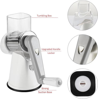 Premium Rotary Cheese Grater - Hand Crank Shredder with Non-Slip Suction Base & 3 Blades for Fresh Cheese, Vegetables, and Nuts - Sleek White Design