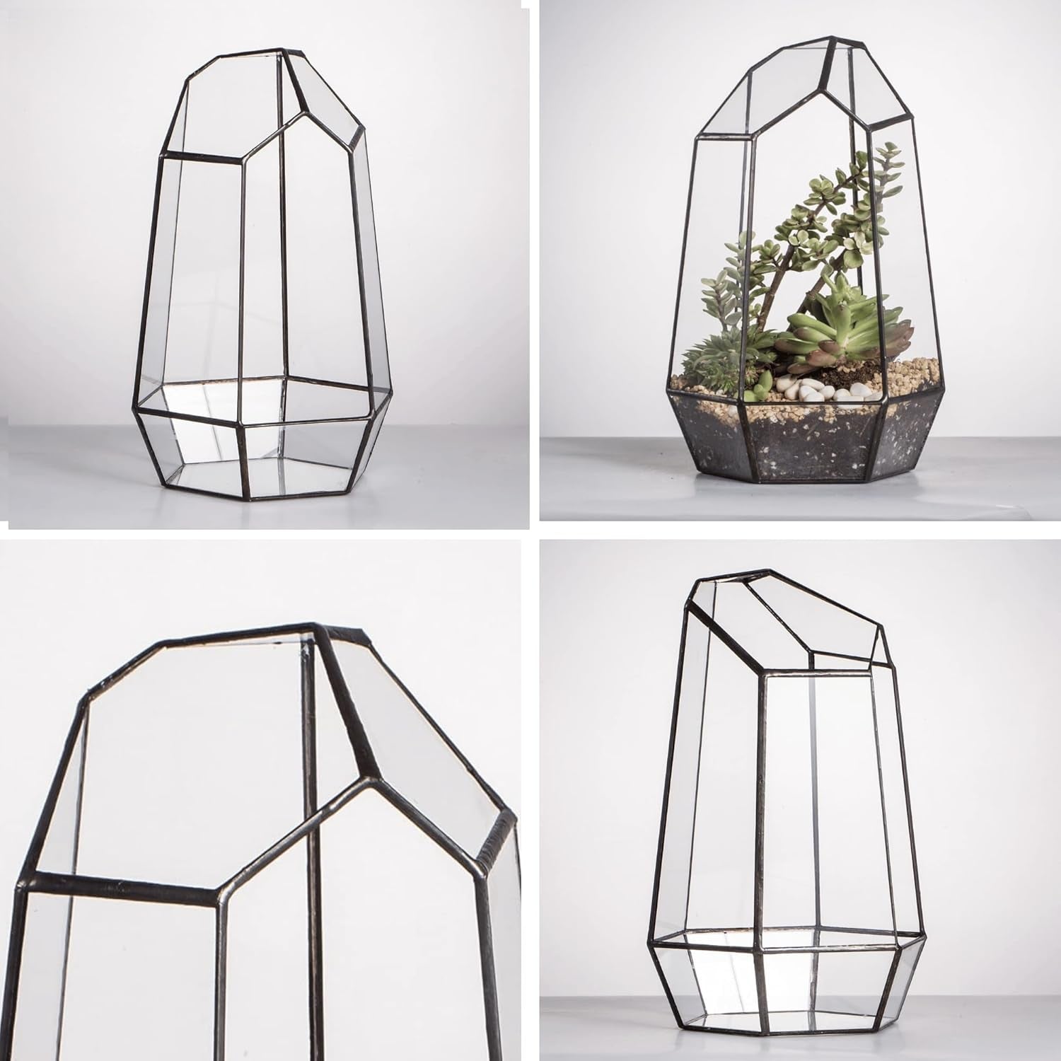 Stylish No-Door Geometric Glass Terrarium Planter for Succulents & Cacti - Irregular Black Open Design, Perfect Indoor Tabletop Decor (6.5" x 5.7" x 9.8") - No Plants Included