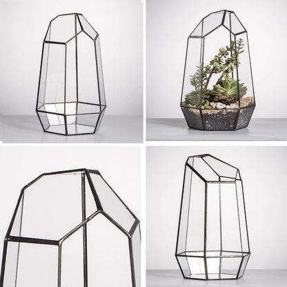 Stylish No-Door Geometric Glass Terrarium Planter for Succulents & Cacti - Irregular Black Open Design, Perfect Indoor Tabletop Decor (6.5" x 5.7" x 9.8") - No Plants Included