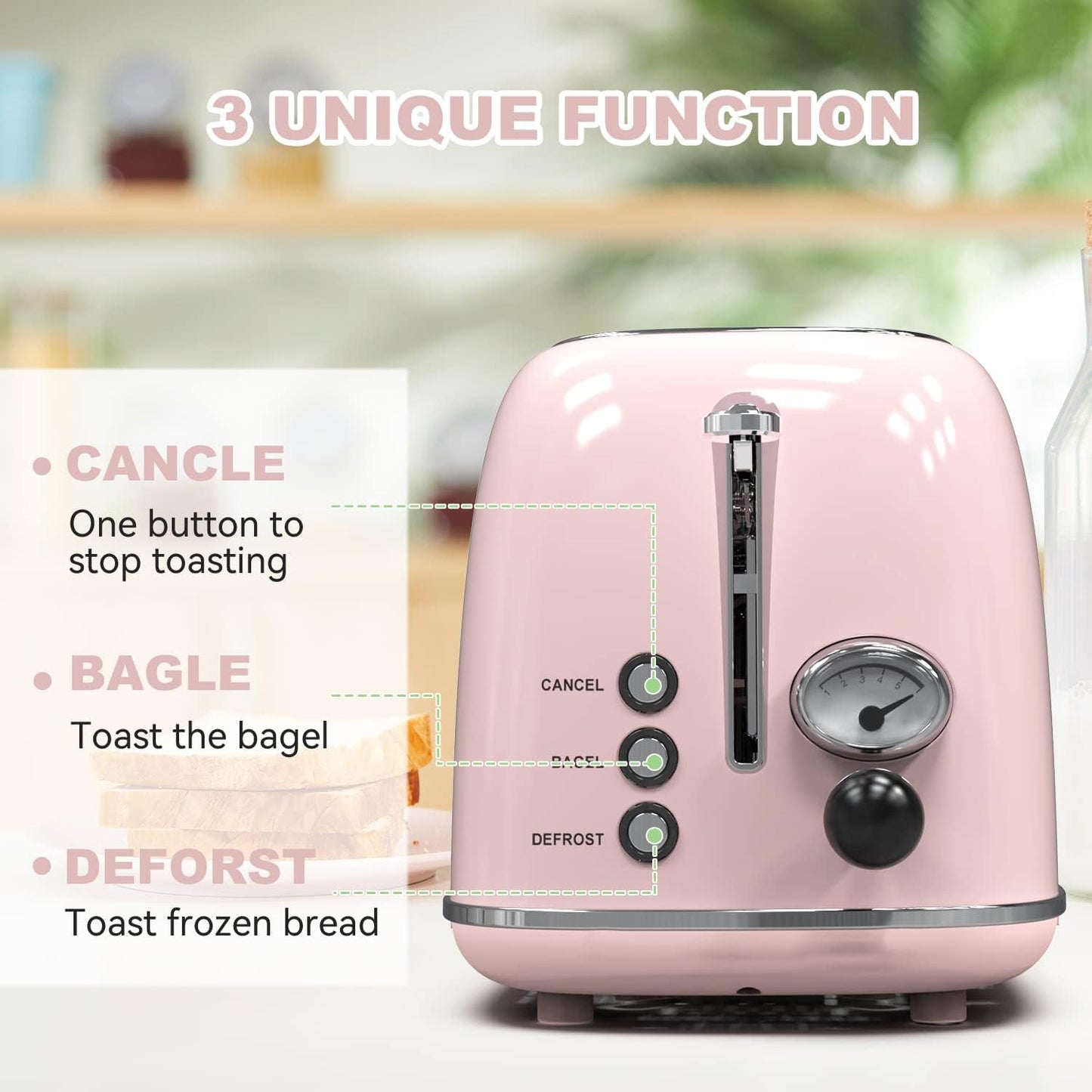Chic Baby Pink Retro 2-Slice Toaster - 6 Settings, Extra Wide Slots, Bagel/Defrost/Cancel Functions, Removable Crumb Tray