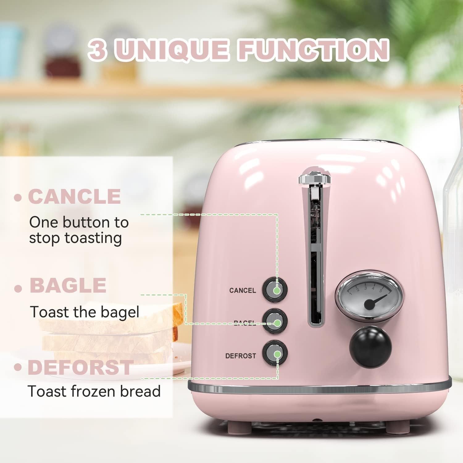 Chic Baby Pink Retro 2-Slice Toaster - 6 Settings, Extra Wide Slots, Bagel/Defrost/Cancel Functions, Removable Crumb Tray