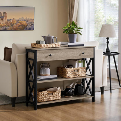 Stylish Gray Console Table with Drawer & 3-Tier Storage - Perfect for Narrow Hallways & Small Spaces!