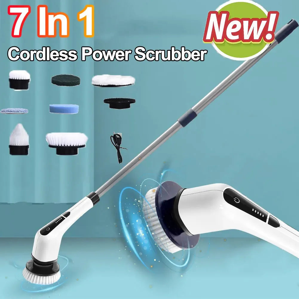7-in-1 Cordless Power Scrubber - Versatile Electric Spin Cleaner with 8 Rotatable Brush Heads for Effortless Bathroom, Tub, and Tile Cleaning