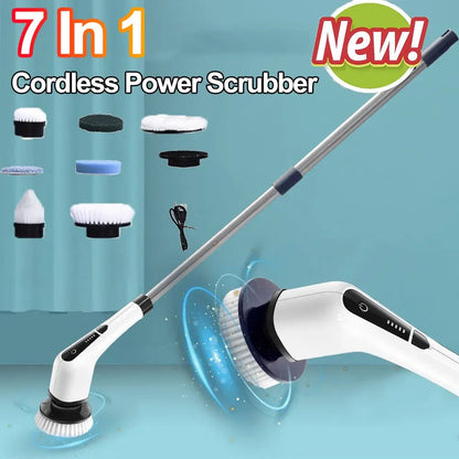 7-in-1 Cordless Power Scrubber - Versatile Electric Spin Cleaner with 8 Rotatable Brush Heads for Effortless Bathroom, Tub, and Tile Cleaning