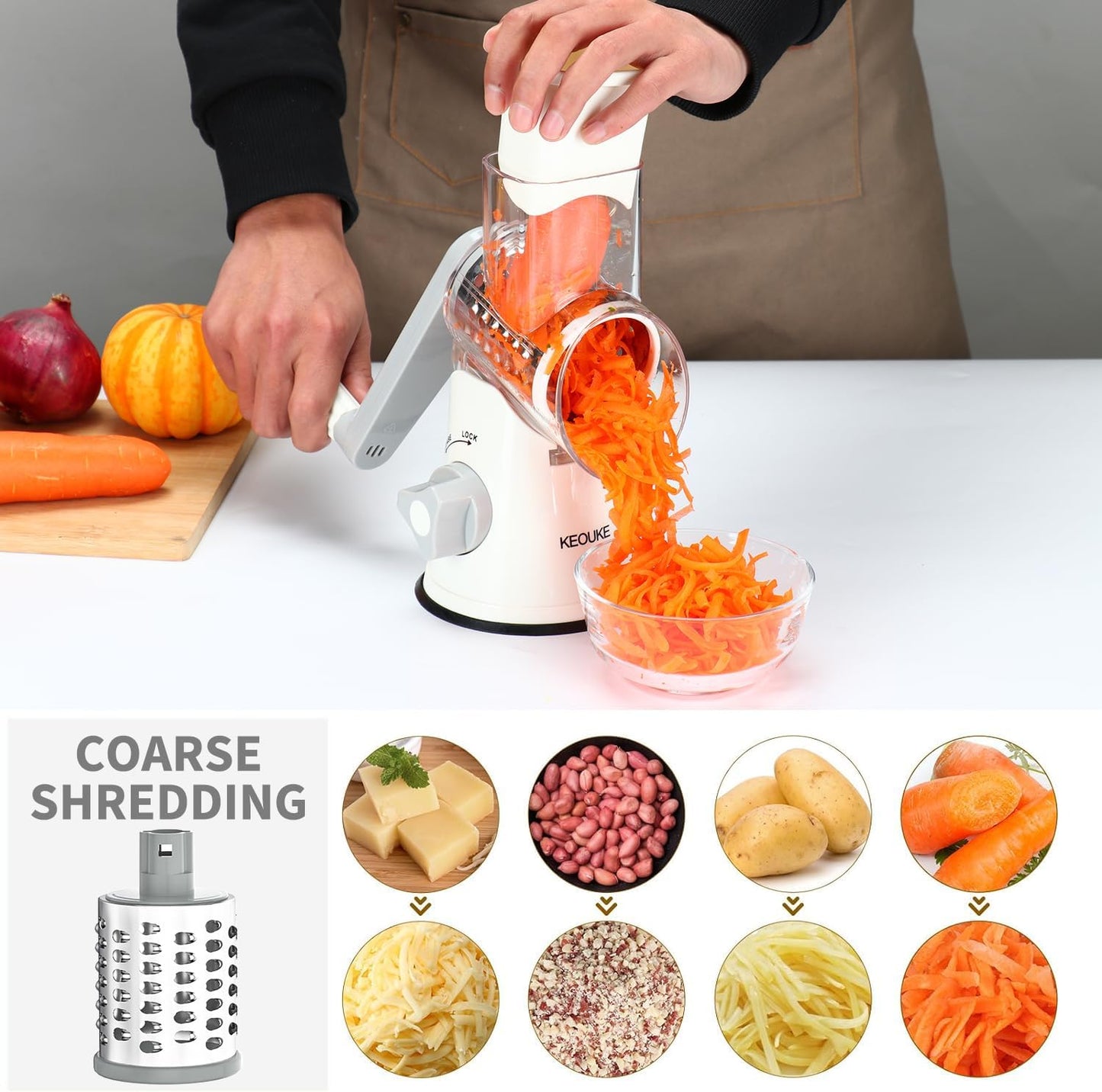 Premium Rotary Cheese Grater - Hand Crank Shredder with Non-Slip Suction Base & 3 Blades for Fresh Cheese, Vegetables, and Nuts - Sleek White Design