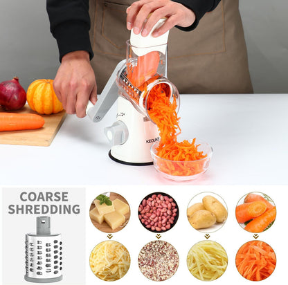 Premium Rotary Cheese Grater - Hand Crank Shredder with Non-Slip Suction Base & 3 Blades for Fresh Cheese, Vegetables, and Nuts - Sleek White Design