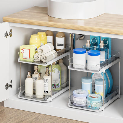 Maximize Your Space with 2-Pack 2-Tier Multi-Purpose Under Sink Organizers - Stackable Kitchen & Bathroom Storage with Pull-Out Design and Adjustable Dividers, White