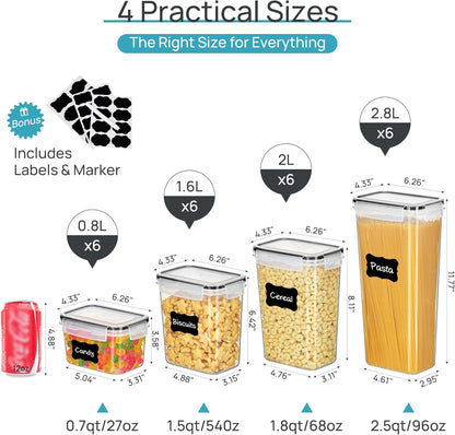24-Piece Airtight Food Storage Container Set - BPA Free, Multiple Sizes for Cereal, Pasta, Snacks & More, Includes 24 Labels, Dishwasher Safe (Lids Not Included) - Sleek Black Design