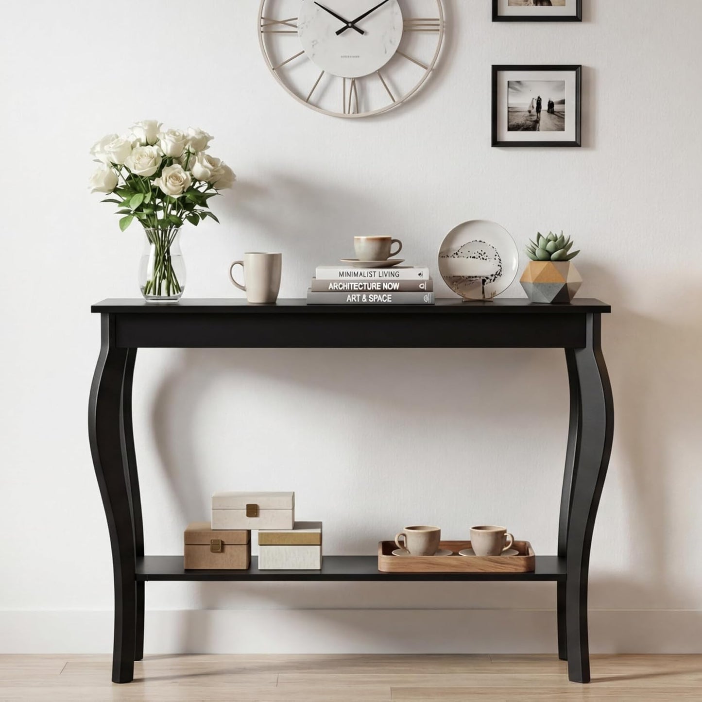 Stylish 39" Black Narrow Entryway Table with Storage Shelf - Elegant Console Table with Curved Legs for Living Room, Hallway, and Entryway