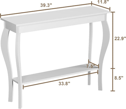 Elegant 39" White Narrow Entryway Table with Storage Shelf - Chic Console Table with Curved Legs for Living Room, Hallway, and Entryway