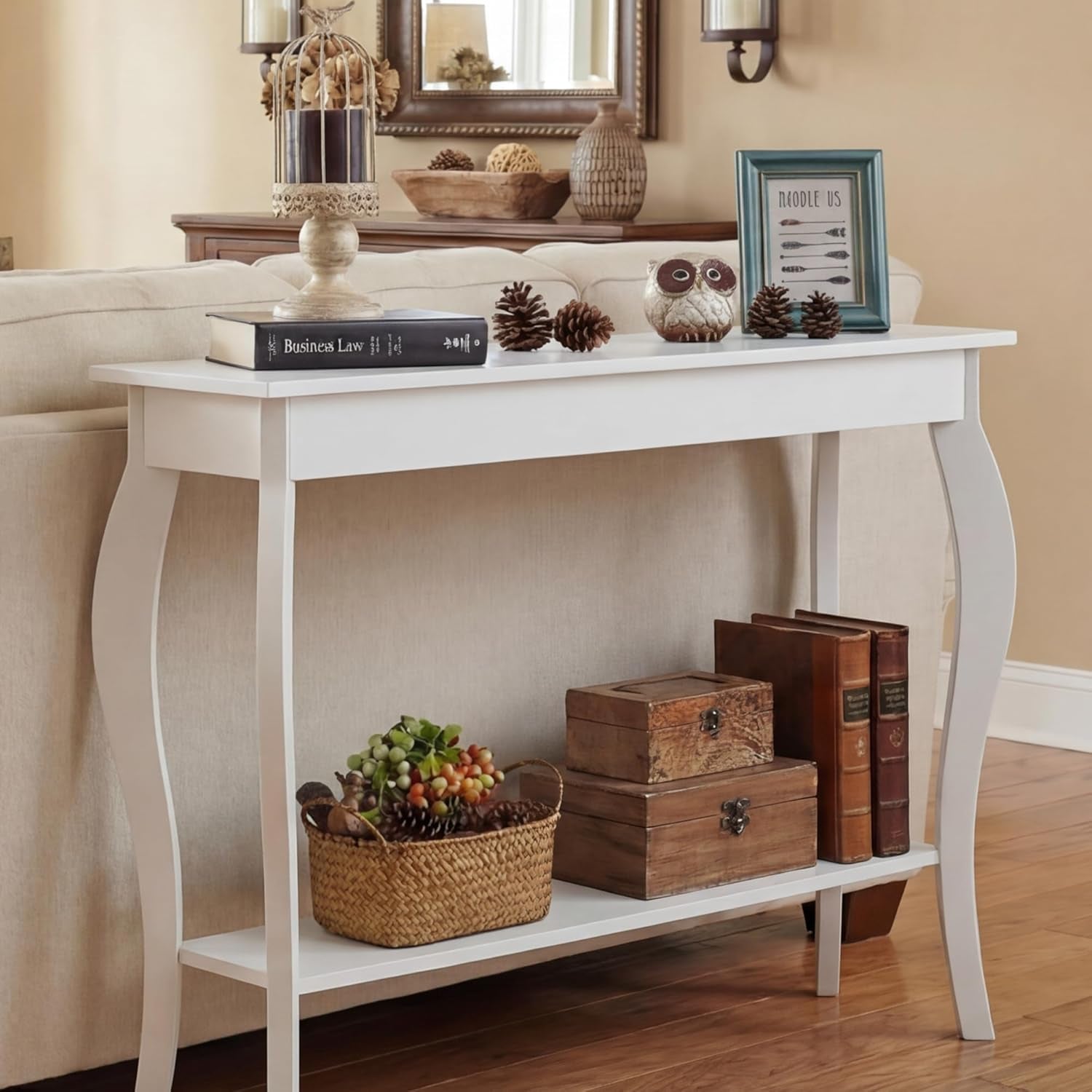 Elegant 39" White Narrow Entryway Table with Storage Shelf - Chic Console Table with Curved Legs for Living Room, Hallway, and Entryway