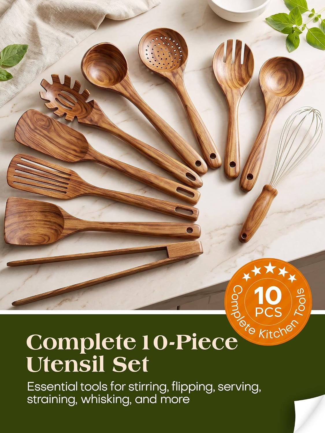 Premium 10-Piece Teak Wood Kitchen Utensil Set - Heat-Resistant, Nonstick Cooking Tools Including Spoons, Spatula, Ladle, Tongs, and Egg Whisk
